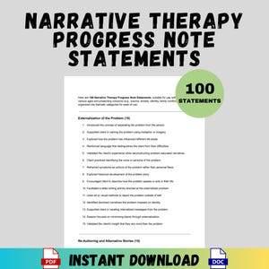 Pode incluir: Um documento branco com o título "NARRATIVE THERAPY PROGRESS NOTE STATEMENTS" em letras pretas em negrito. O documento inclui uma lista de 100 declarações e as palavras "INSTANT DOWNLOAD".