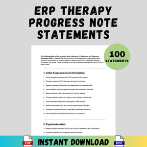 Puede incluir: Documento blanco con el texto "ERP Therapy Progress Note Statements" en negrita negra. El documento incluye una lista de 100 declaraciones para la terapia de Exposición y Prevención de la Respuesta (ERP). Un círculo verde con "100 Statements" está a la derecha.