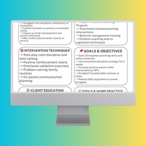 May include: A computer monitor displays a white screen with black text outlining intervention techniques, goals, and objectives for positive parenting. The screen includes bullet points on topics like discipline, emotional validation, and parent-child interaction.