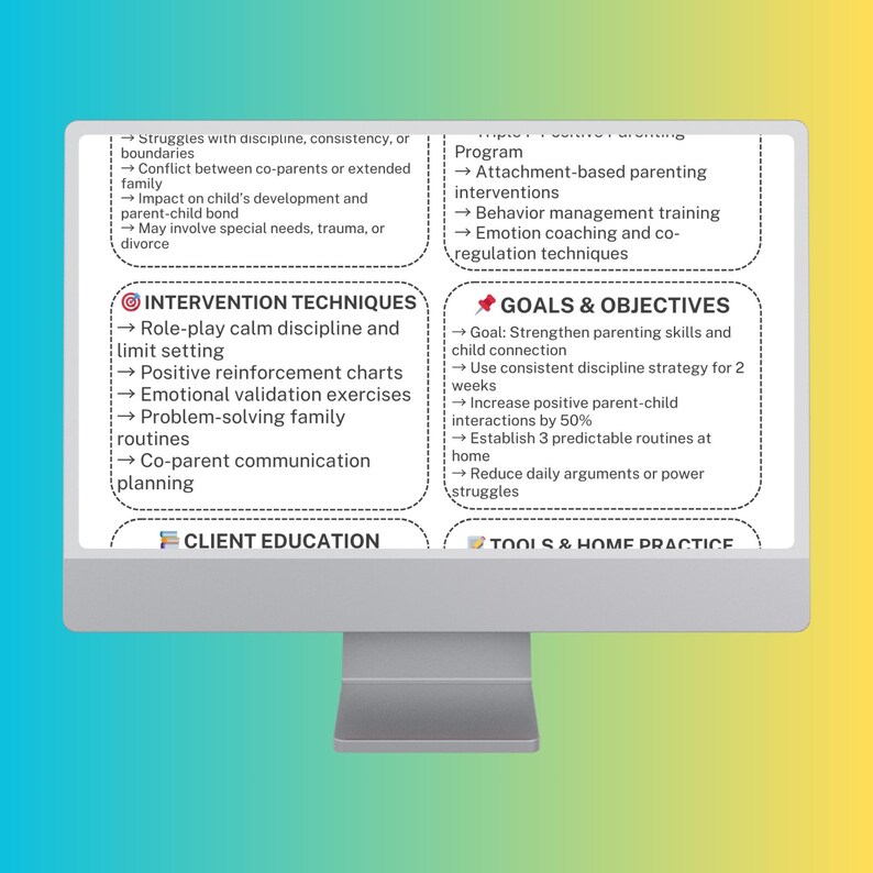 May include: A computer monitor displays a white screen with black text outlining intervention techniques, goals, and objectives for positive parenting. The screen includes bullet points on topics like discipline, emotional validation, and parent-child interaction.