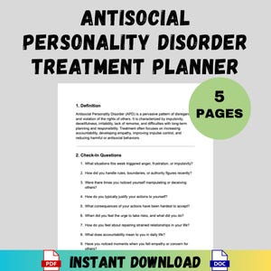 Puede incluir: Un planificador de tratamiento titulado "Trastorno de la personalidad antisocial" con el texto "Descarga instantánea". El documento incluye definiciones y preguntas de control. Un círculo verde muestra "5 PÁGINAS". Iconos PDF y DOC visibles.