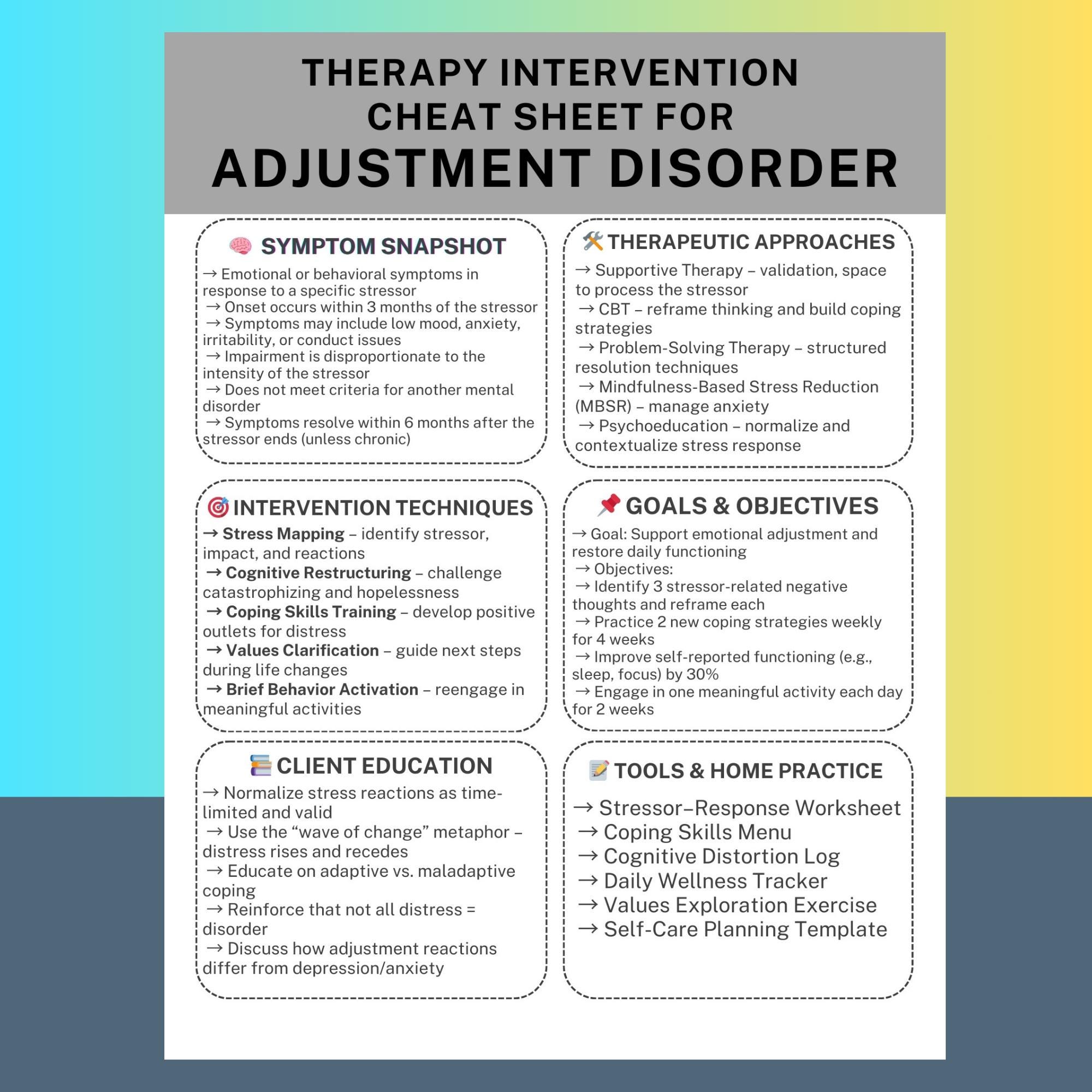 Adjustment Disorder Therapy Interventions Cheat Sheet PDF Counseling ...