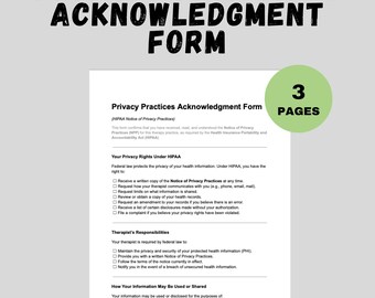 Riconoscimento delle pratiche sulla privacy Modulo per terapisti HIPAA Avviso sulle pratiche sulla privacy Modello di consulenza in formato Word modificabile Salute mentale stampabile