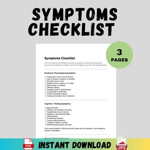 Op de afbeelding: Een witte Symptoms Checklist-formulier met een lijst van emotionele, psychologische en cognitieve symptomen. Het formulier bevat de tekst "Symptoms Checklist" en "Instant Download". Een groene cirkel geeft "3 Pagina's" aan.