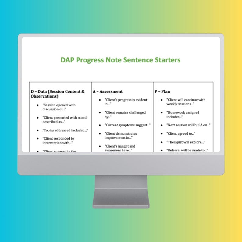 DAP Note Sentence Starters Therapist Progress Notes Editable Sentence ...