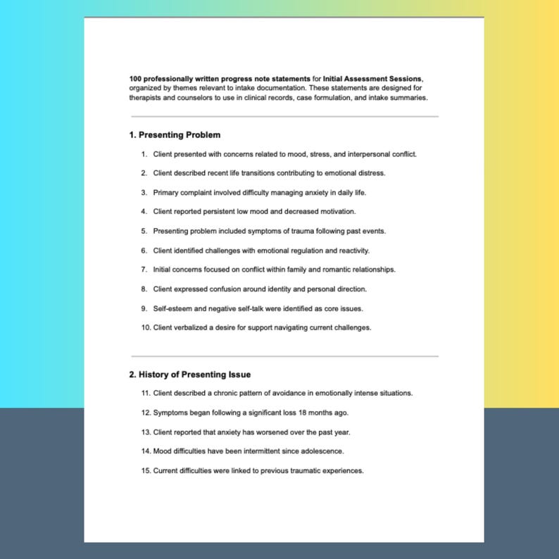 Initial Assessment Therapy Notes Intake Documentation Tool Counseling ...