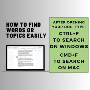 Puede incluir: Un port&aacute;til que muestra un documento, junto a un rect&aacute;ngulo verde con el texto "AFTER OPENING YOUR DOC, TYPE: CTRL+F TO SEARCH ON WINDOWS CMD+F TO SEARCH ON MAC". La imagen tambi&eacute;n tiene el texto "HOW TO FIND WORDS OR TOPICS EASILY".