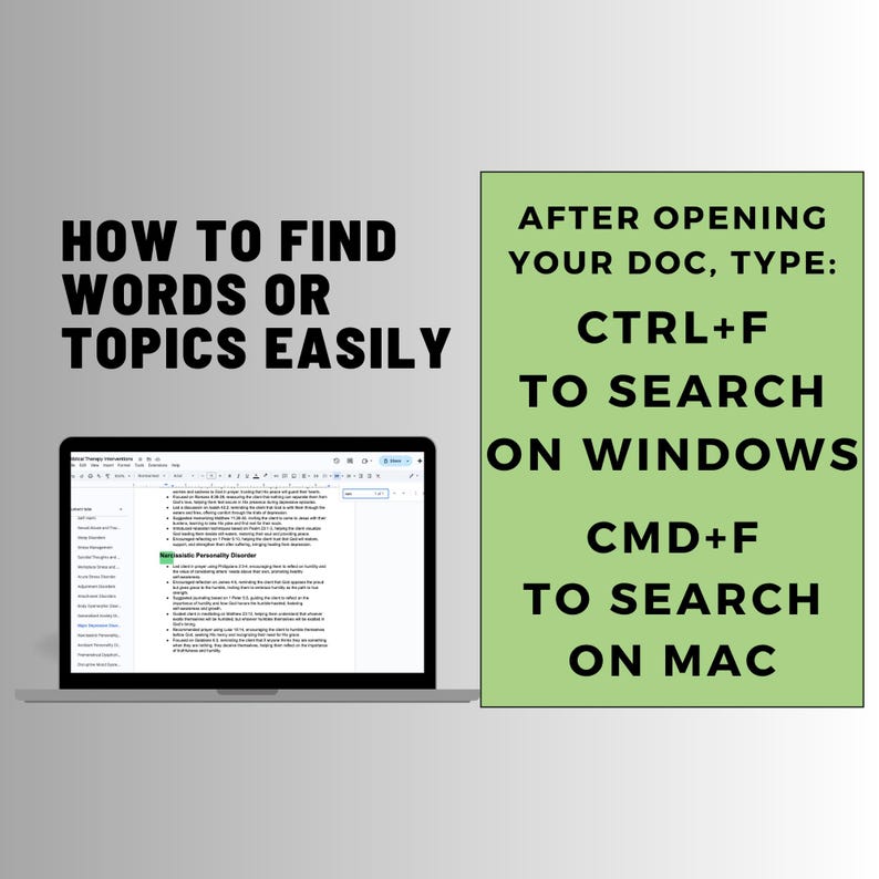 Puede incluir: Un port&aacute;til que muestra un documento, junto a un rect&aacute;ngulo verde con el texto "AFTER OPENING YOUR DOC, TYPE: CTRL+F TO SEARCH ON WINDOWS CMD+F TO SEARCH ON MAC". La imagen tambi&eacute;n tiene el texto "HOW TO FIND WORDS OR TOPICS EASILY".