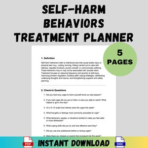 Può includere: Un piano di trattamento intitolato "Self-Harm Behaviors" con il testo "Treatment Planner" in grassetto nero. Il documento include definizioni, domande di controllo e un cerchio verde con "5 PAGES". Le parole "Instant Download" sono in basso.