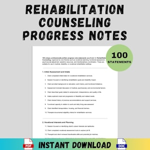 以下が含まれることがあります： 「REHABILITATION COUNSELING PROGRESS NOTES」というタイトルのドキュメント。声明のリストが含まれています。ドキュメントには、緑色の円の中に「100 STATEMENTS」というテキストが含まれています。ドキュメントの下部には、PDFとDOCのアイコンとともに「INSTANT DOWNLOAD」と書かれています。