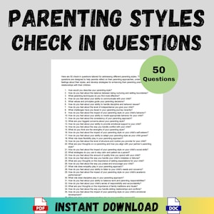 Può includere: Un foglio di lavoro stampabile con il titolo "Parenting Styles Check In Questions" e una casella verde con il testo "50 Questions". Il foglio di lavoro contiene 50 domande progettate per aiutare i genitori a riflettere sui loro approcci educativi.
