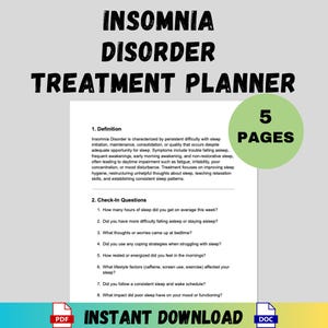 May include: Insomnia Disorder Treatment Planner with 5 pages. The document includes a definition of insomnia and check-in questions. The words "Instant Download" and file type icons are at the bottom.