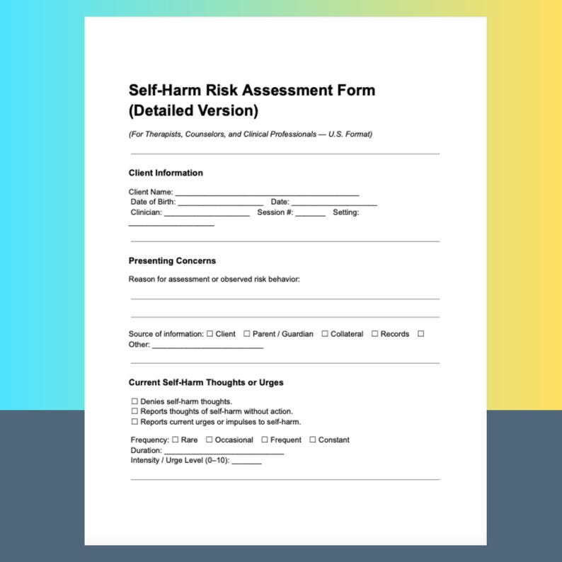 Self-harm Risk Assessment Form Therapist Tool Editable PDF Word ...