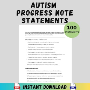 Pode incluir: Documento branco com texto preto, intitulado "DECLARAÇÕES DE NOTAS DE PROGRESSO DE AUTISMO". Contém 100 declarações agrupadas por tema. As palavras "DOWNLOAD INSTANTÂNEO" estão na parte inferior, com ícones PDF e DOC.