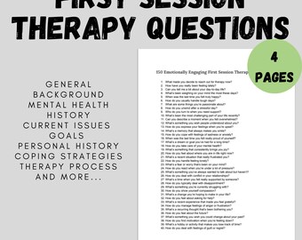 Puede incluir: Una hoja de trabajo imprimible con el título "First Session Therapy Questions" en texto negro sobre fondo blanco. La hoja de trabajo enumera 40 preguntas para ayudar a guiar una primera sesión de terapia. La hoja de trabajo está dividida en secciones que incluyen antecedentes generales, historial de salud mental, problemas actuales, objetivos, historial personal, estrategias de afrontamiento, proceso de terapia y más. La hoja de trabajo tiene 4 páginas.