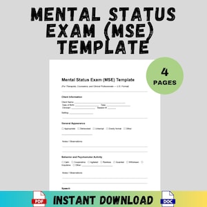 May include: A white Mental Status Exam (MSE) template with the text "Mental Status Exam (MSE) Template" at the top. The template includes sections for client information, general appearance, behavior, and speech. The image also includes the text "4 PAGES" and "INSTANT DOWNLOAD".