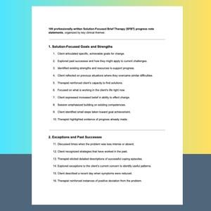 K&ouml;nnte beinhalten: Ein wei&szlig;es Dokument mit schwarzem Text, das Aussagen zur Fortschrittsnotiz der l&ouml;sungsorientierten Kurztherapie (SFBT) detailliert. Das Dokument ist nach wichtigen klinischen Themen geordnet, darunter Ziele, St&auml;rken und vergangene Erfolge. Der Hintergrund ist ein Farbverlauf aus Gelb und Hellblau.