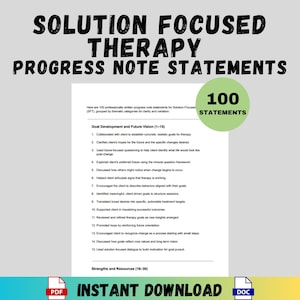 Puede incluir: Documento digital titulado "Solution Focused Therapy Progress Note Statements" con 100 declaraciones agrupadas por categorías temáticas. El documento también incluye el texto "Descarga instantánea" e iconos PDF y DOC.