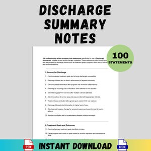 Puede incluir: Un documento titulado "NOTAS DE RESUMEN DE ALTA" con una lista de declaraciones. El documento incluye el texto "100 DECLARACIONES" en un círculo verde. Las palabras "DESCARGA INSTANTÁNEA" están en la parte inferior, con iconos PDF y DOC.
