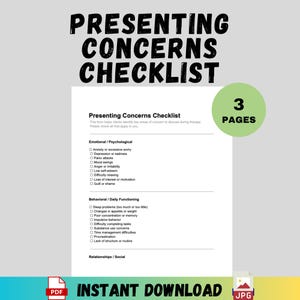 Puede incluir: Una lista de verificación blanca titulada "Presenting Concerns Checklist" con una lista de preocupaciones emocionales, psicológicas, conductuales y diarias. La lista de verificación está disponible como descarga instantánea en PDF.