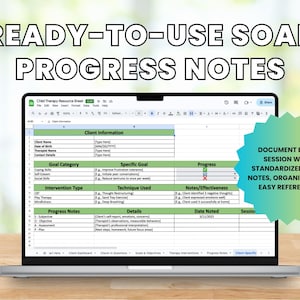 Könnte beinhalten: Ein Laptop zeigt ein digitales Dokument mit dem Titel „READY-TO-USE SOAP PROGRESS NOTES“. Der Bildschirm zeigt eine Tabelle mit Abschnitten für Kundeninformationen, Ziele, Interventionen und Fortschrittsnotizen. Ein türkisfarbenes und grünes Stern-Grafikfeld auf der rechten Seite lautet: „Dokumentieren Sie jede Sitzung mit standardisierten SOAP-Notizen.“