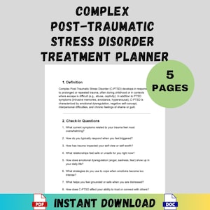 Può includere: Un documento bianco intitolato "Pianificatore di trattamento del disturbo da stress post-traumatico complesso" con la scritta "Download istantaneo". Il documento include una definizione e domande di controllo. Un cerchio verde indica "5 pagine".