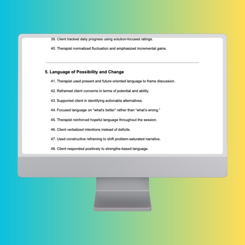 K&ouml;nnte beinhalten: Ein Computermonitor zeigt Text zum Thema &bdquo;Sprache der M&ouml;glichkeiten und Ver&auml;nderung&ldquo; im Beratungskontext. Der Bildschirm zeigt nummerierte Punkte zu therapeutischen Techniken, einschlie&szlig;lich der Umformulierung von Klientenanliegen. Der Monitor hat einen silbernen Sockel.