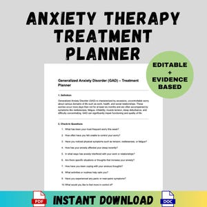 May include: Anxiety Therapy Treatment Planner with the text "ANXIETY THERAPY TREATMENT PLANNER" at the top. The planner includes a definition of Generalized Anxiety Disorder (GAD) and check-in questions. The planner is labeled "EDITABLE + EVIDENCE BASED" and "INSTANT DOWNLOAD".