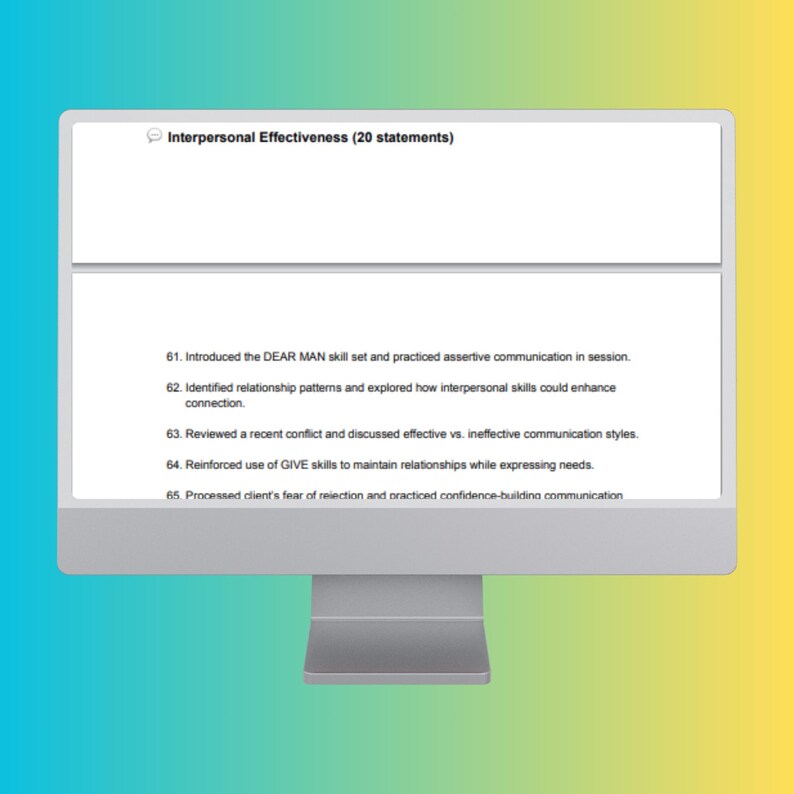 May include: A computer screen displaying a list of interpersonal effectiveness statements. The statements are numbered 61 through 65 and describe different communication skills and techniques.