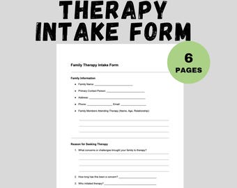 Könnte beinhalten: Ein druckbares Familien-Therapie-Aufnahmeformular mit dem Titel in fetten schwarzen Buchstaben. Das Formular enthält Abschnitte für Familieninformationen und den Grund für die Suche nach einer Therapie. Das Bild enthält auch einen grünen Kreis mit dem Text "6 PAGES" und dem Wort "SOFORTIGER DOWNLOAD".