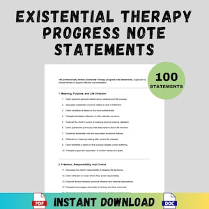 May include: A white document with the title "Existential Therapy Progress Note Statements" in bold black letters. The document lists 100 statements organized by clinical themes. A green circle with the text "100 Statements" is on the right. The words "Instant Download" are at the bottom.