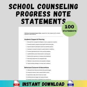 Pode incluir: Um documento intitulado "Declarações de notas de progresso de aconselhamento escolar" com o texto "100 declarações" em um círculo verde. O documento inclui seções sobre apoio acadêmico e preocupações comportamentais, com subpontos numerados.