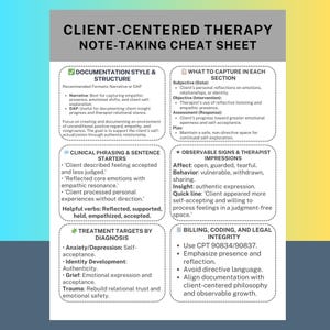Pode incluir: Um guia de anotações para terapia centrada no cliente. O documento inclui seções sobre estilo de documentação, frases clínicas, metas de tratamento e faturamento. O texto é preto e verde sobre um fundo branco.