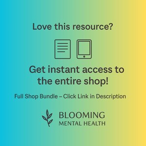 K&ouml;nnte beinhalten: Digitalgrafik mit blau-gelbem Farbverlauf. Der Text enth&auml;lt "Love this resource?" und "Get instant access to the entire shop!" mit Dokument- und Tablet-Symbolen. Das Blooming Mental Health-Logo befindet sich unten.