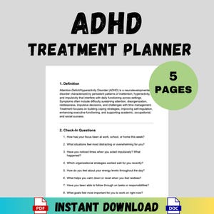 ADHD-behandlingsplanerare, terapiblad och KBT-interventioner, redigerbara framstegsanteckningar, rådgivningsverktyg för LPc, LCSw, LMHc-terapeuter