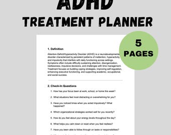 Planificador de tratamiento para el TDAH, hojas de trabajo de terapia e intervenciones de TCC, notas de progreso editables, herramienta de asesoramiento para terapeutas LPc, LCSw y LMHc.