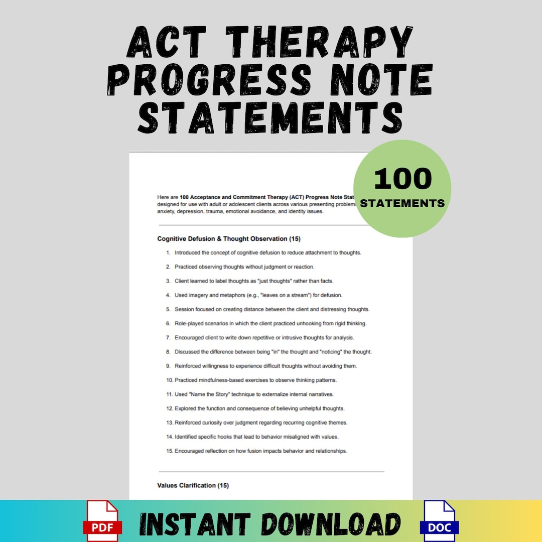 ACT Therapy Progress Notes 100 Statement Starters Printable Acceptance ...