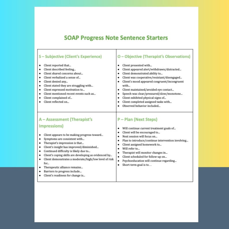 Puede incluir: Documento titulado "SOAP Progress Note Sentence Starters" con secciones para Subjetivo, Objetivo, Evaluaci&oacute;n y Plan. Cada secci&oacute;n contiene frases de inicio con vi&ntilde;etas para la documentaci&oacute;n cl&iacute;nica. El documento est&aacute; sobre un fondo blanco.