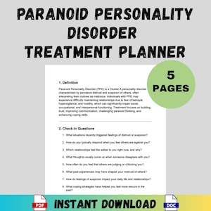Può includere: Un piano di trattamento per il disturbo paranoide di personalità (DPP). Il documento include una definizione di DPP, domande di controllo e ha 5 pagine. Le parole "PARANOID PERSONALITY DISORDER TREATMENT PLANNER" sono nella parte superiore della pagina.