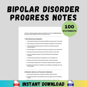 Pode incluir: Um documento intitulado "Notas de Progresso do Transtorno Bipolar" com o texto "100 Declarações". O documento inclui seções sobre monitoramento do humor, adesão à medicação e colaboração psiquiátrica. O documento também tem o texto "Download Instantâneo" e ícones PDF e DOC.