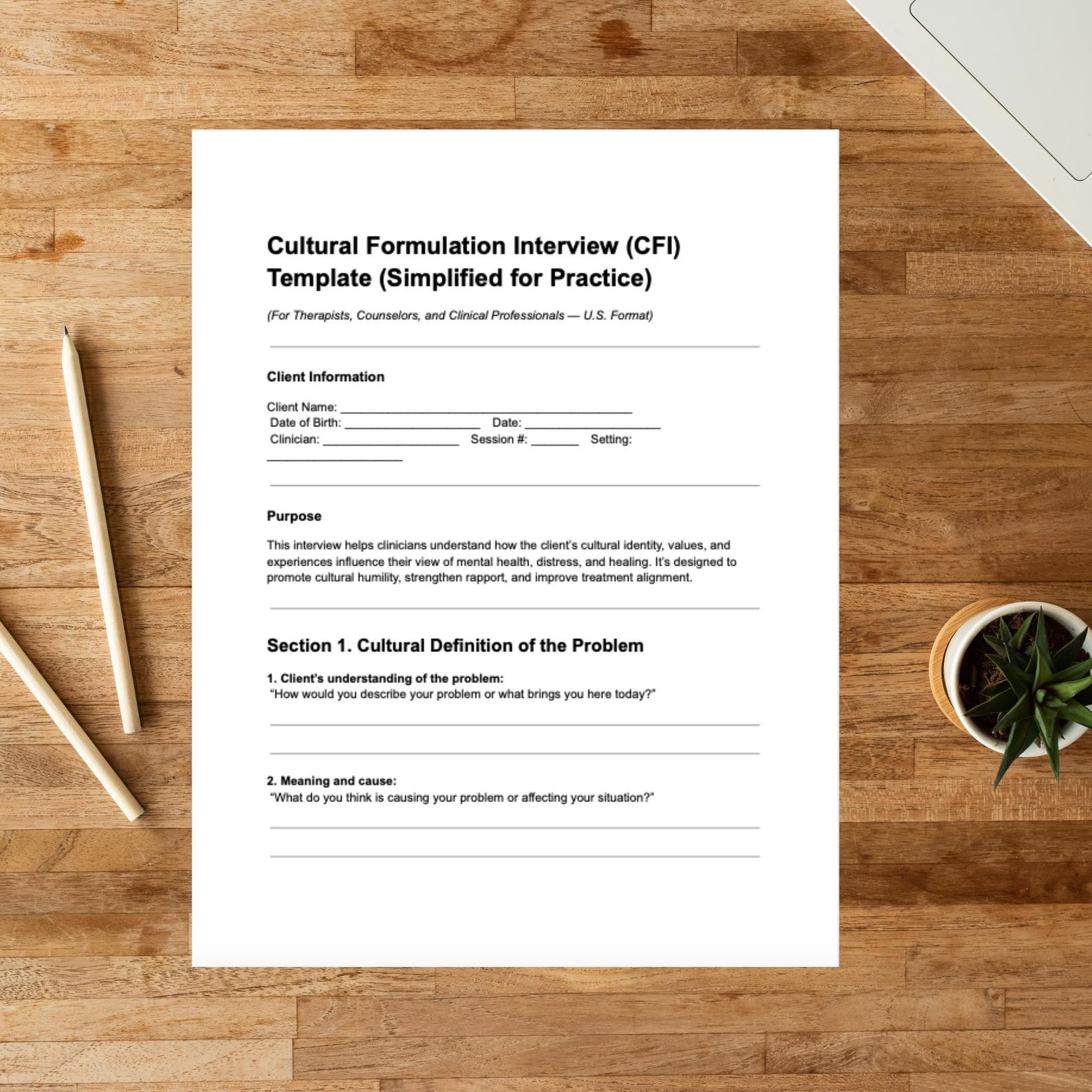 Cultural Formulation Interview Template Therapist Tool Editable PDF ...