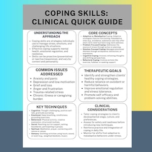 Op de afbeelding: Een klinische snelgids getiteld "COPING SKILLS" met secties over de aanpak, veelvoorkomende problemen, sleuteltechnieken, kernconcepten, therapeutische doelen en klinische overwegingen. De gids is wit met zwarte tekst.