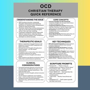 May include: A quick reference guide for Christian therapy for OCD. The teal and white document lists information on understanding the issue, core concepts, therapeutic goals, key techniques, clinical considerations, and scripture prompts. The title is in large, bold, black text.