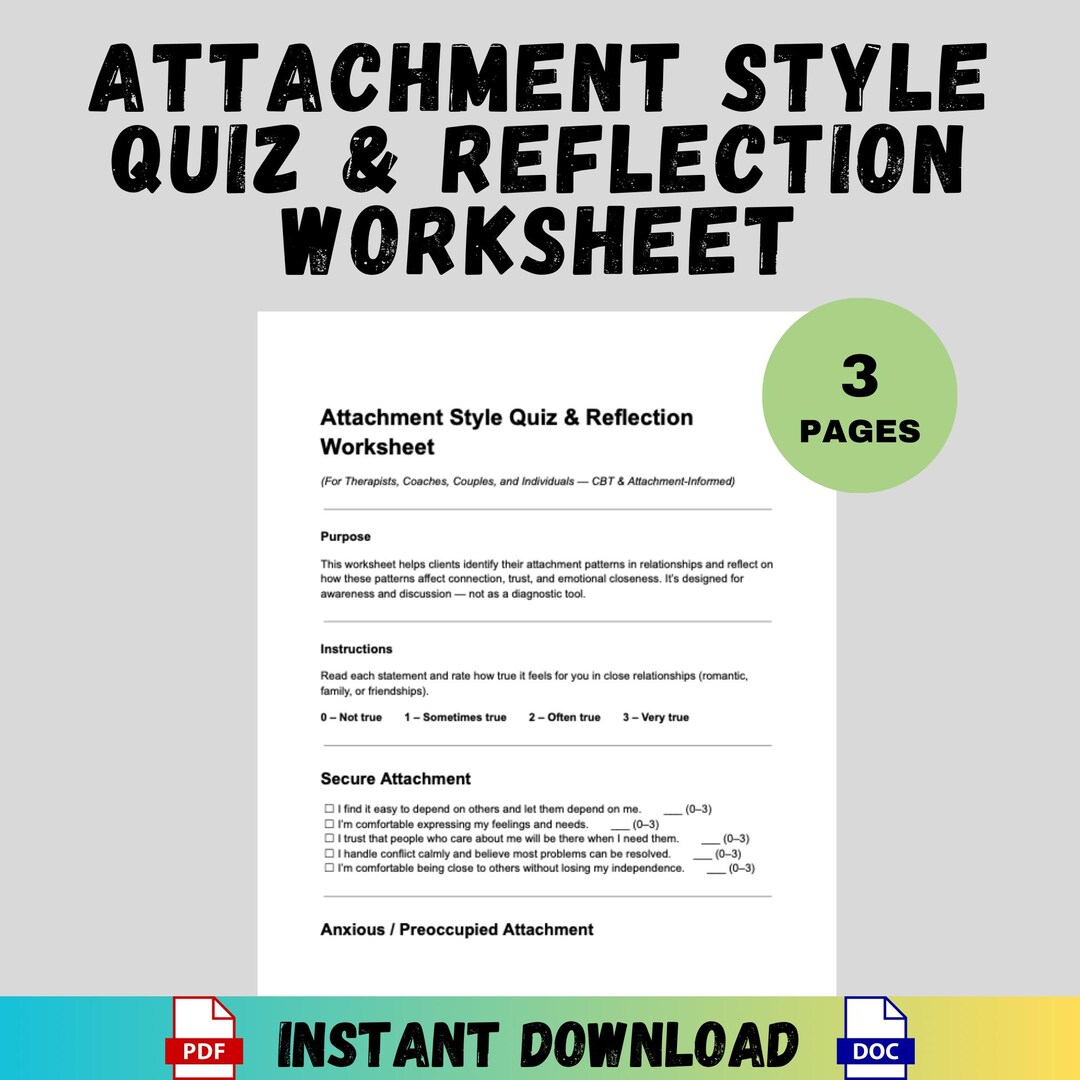 Attachment Style Quiz Worksheet Therapist Tool CBT Editable PDF Word ...
