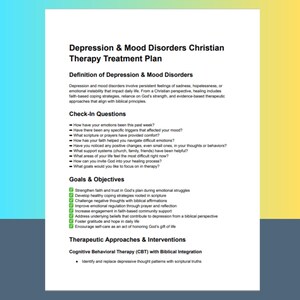 Puede incluir: Un documento titulado "Plan de Tratamiento de Terapia Cristiana para la Depresión y los Trastornos del Estado de Ánimo" con texto sobre la depresión, preguntas de control, objetivos y enfoques terapéuticos.