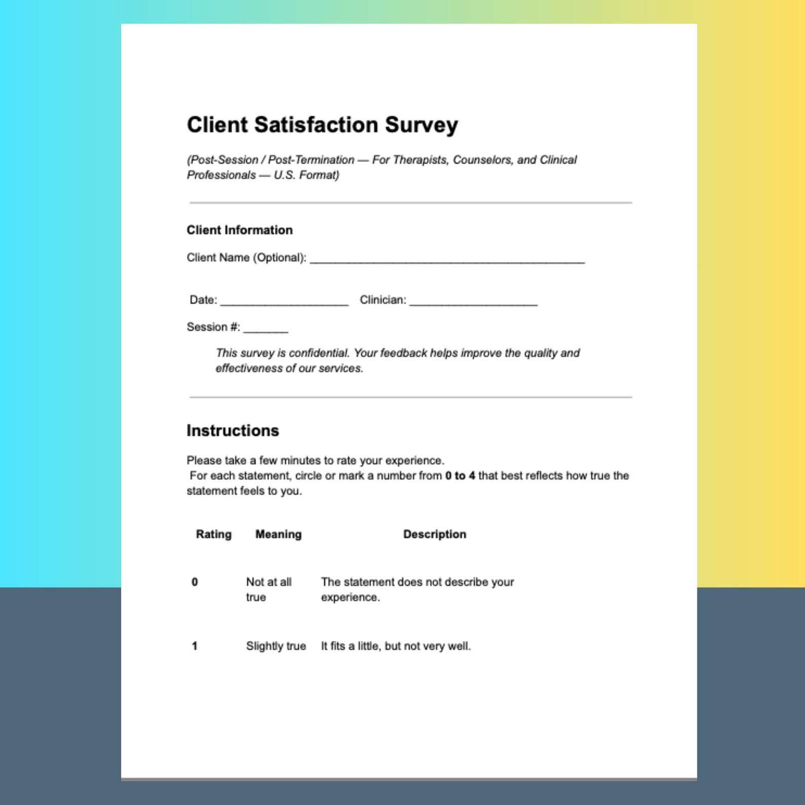 Client Satisfaction Survey Therapist Tool Editable PDF Word Counseling ...