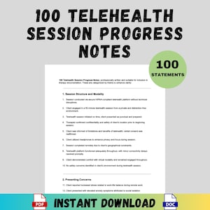 以下が含まれることがあります： 「100 Telehealth Session Progress Notes」というタイトルのドキュメントで、ステートメントのリストがあります。ドキュメントには「Instant Download」というテキストと、PDFファイルとDOCファイルのアイコンが含まれています。「100 Statements」というテキストが入った緑色の円も表示されています。