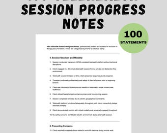 May include: A document titled "100 Telehealth Session Progress Notes" with a list of statements. The document includes the text "Instant Download" and icons for PDF and DOC files. A green circle with the text "100 Statements" is also present.