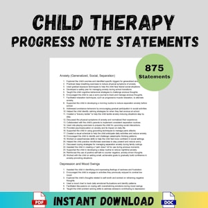 Könnte beinhalten: Ein druckbares PDF-Dokument mit grünem Hintergrund und weißem Text. Das Dokument enthält eine Liste von 875 Aussagen für Therapiefortschrittsnotizen für Kinder. Die Aussagen sind in zwei Kategorien geordnet: Angst (generalisiert, sozial, Trennung) und Depression und Stimmungsschwankungen.