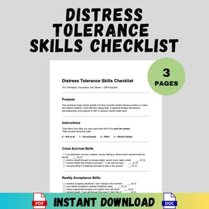 以下が含まれることがあります： 「Distress Tolerance Skills Checklist」というタイトルの印刷可能なワークシート。危機的状況でのサバイバルスキルと現実受容スキルに関するセクションと指示があります。 PDF形式で即時ダウンロードできます。